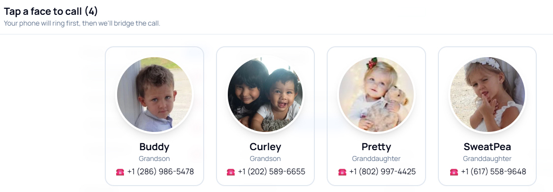MyFamilyPulse picture wall — tap a grandchild's face to call them