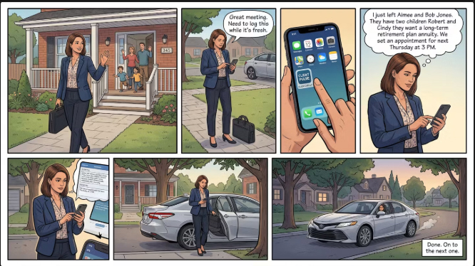 A day in the life of an agent using ClientPulse — leaving a client, capturing notes by voice, and moving on to the next appointment.