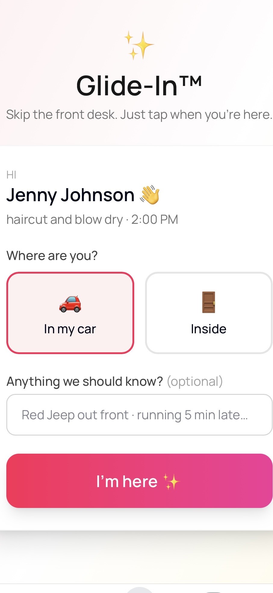 Glide-In check-in screen on a phone showing 'Hi Jenny Johnson', service details, In my car / Inside options, and an I'm here button
